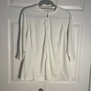 Lands End Swim Shirt Women XL White Full Zip Rash Guard 3/4 Sleeve UV Protection